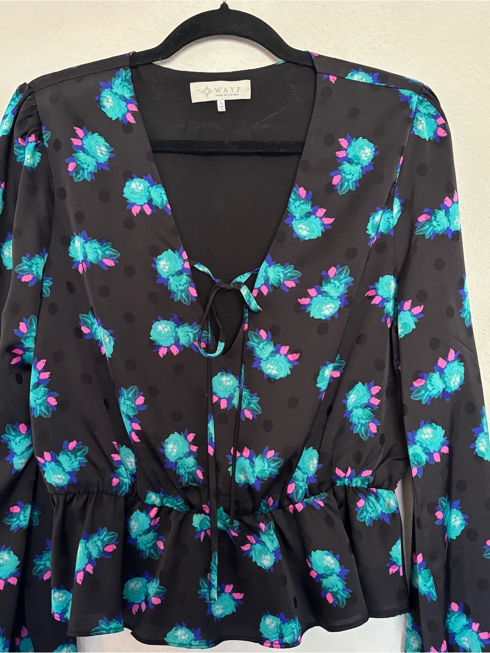 WAYF Floral Polka Dot Peplum Long Sleeve Blouse - Picture 2 of 6